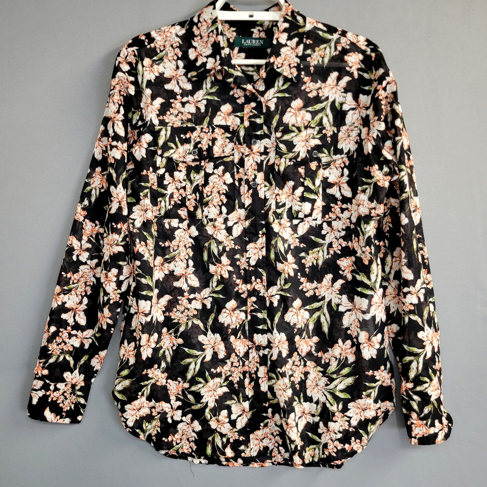 Lauren Ralph Lauren Top Shirt Womens Small Floral Sheer Button Up Blouse Sheer